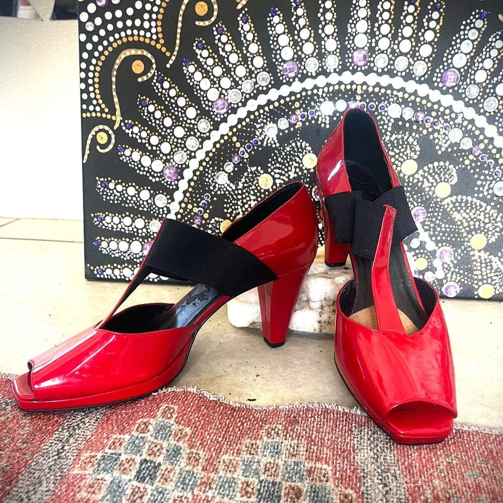 VANELI Red Peep-Toe Heels | 8 cm | Elastic Band | Dance / Evening Shoes
